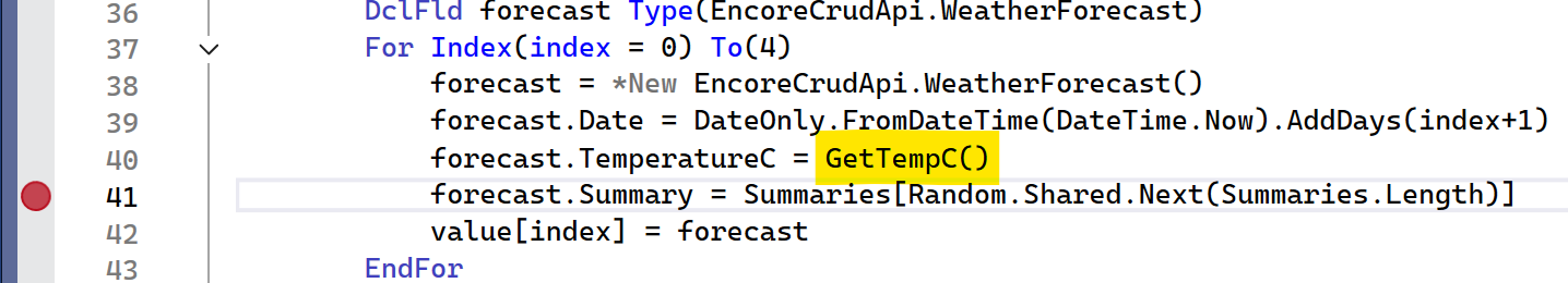 Initial breakpoint set after GetTempC() call.