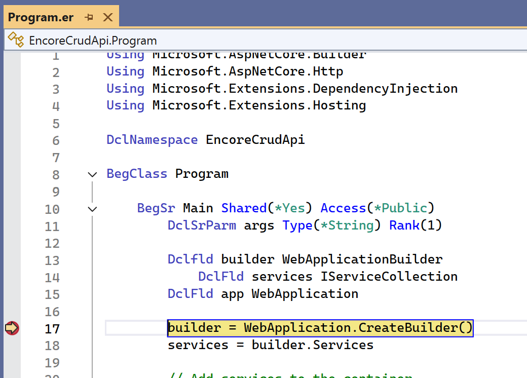 Breakpoint hit on line 17.