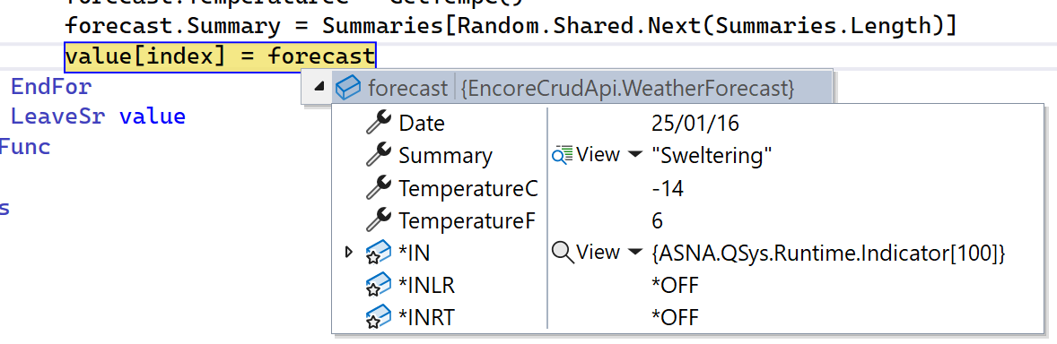 Hovering over `forecast` causes the editor to display a condensed watch window view.