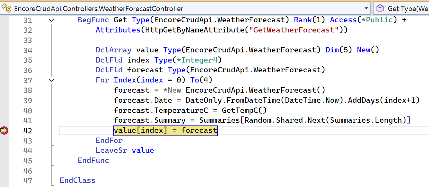This running application hit a breakpoint just after constructing a `WeatherForecast` object.