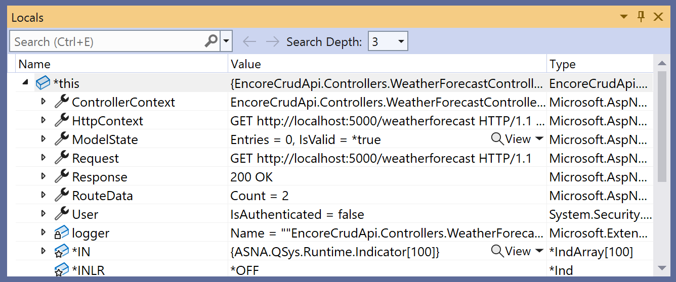 Viewing the value of `*this` in the **Locals** window.