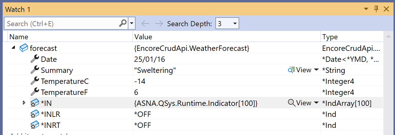 Adding the `forecast` variable to the Watch window tool.