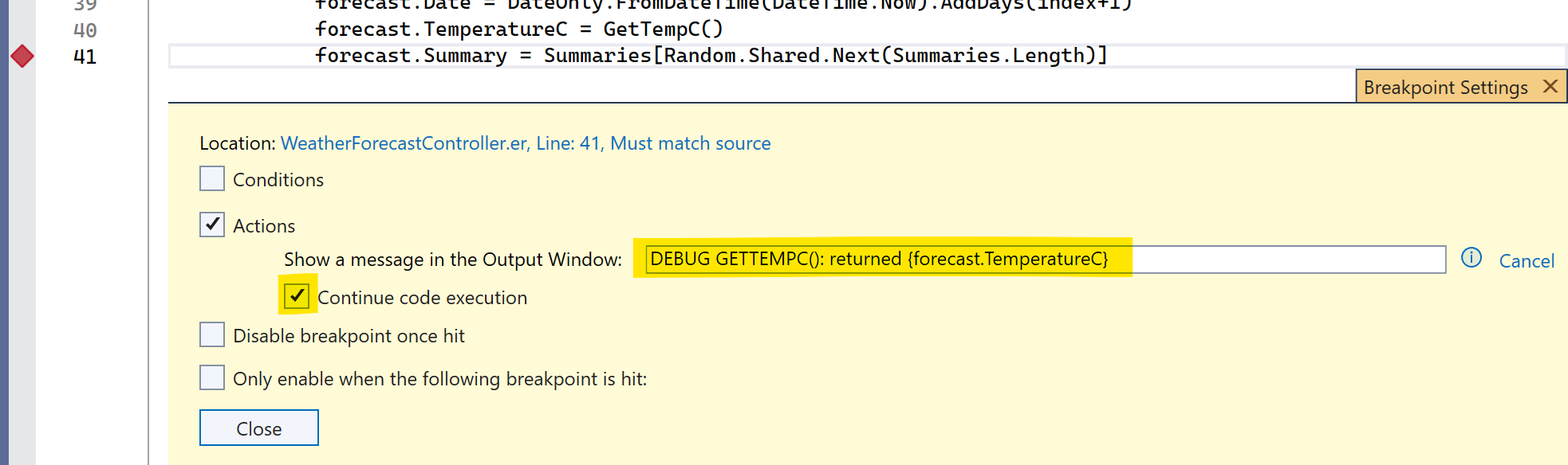 Enter an expression to display the value of `forecast.TemperatureC`