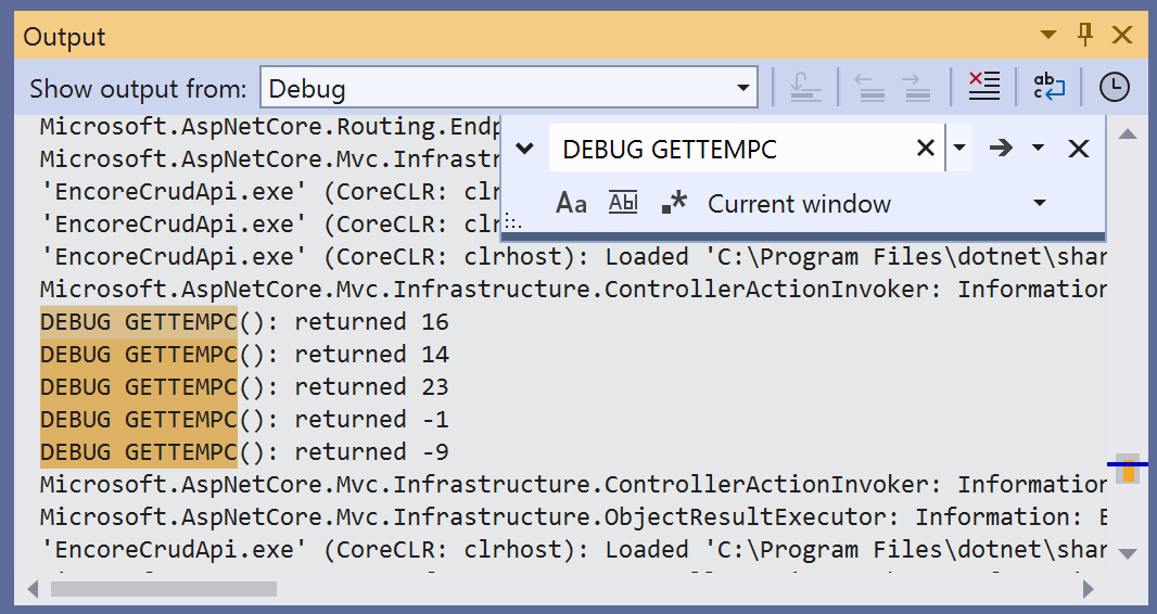 Tracepoint output is shown with other log entries in the Output Window debug log.