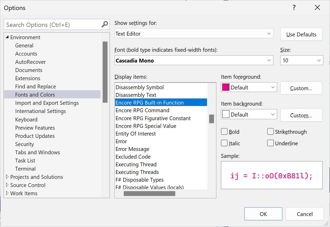 Changing font and/or color in Encore RPG.