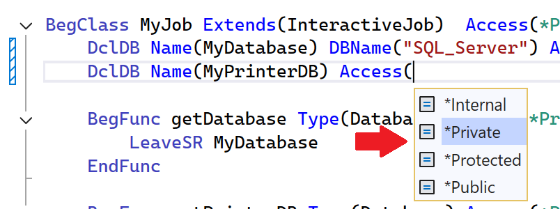 Completion list for the `Access` keyword.