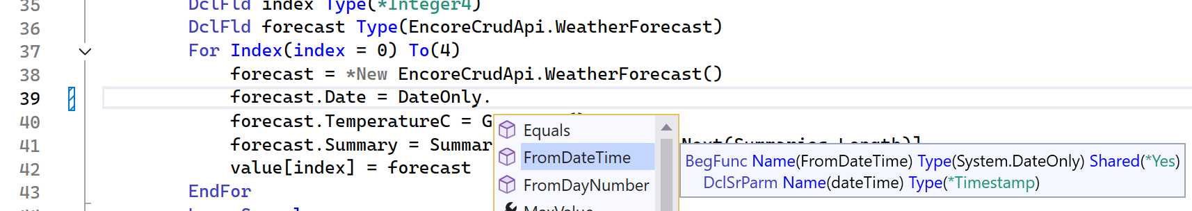 Code completion for class members of the `System.DateOnly` type.