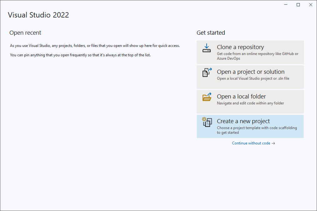 Select "Create a new project" from the VS splash window.