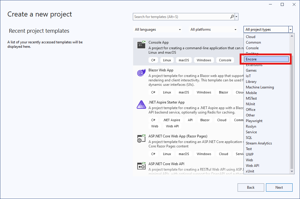 Select Encore project types.