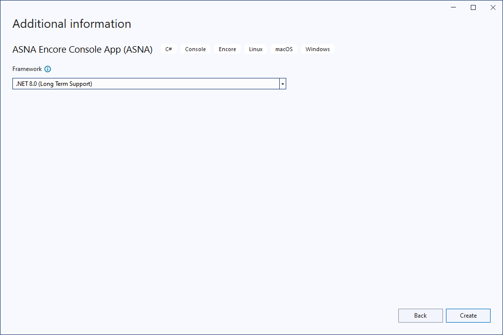 Select a supported framework release and click Create.