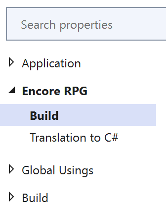 Encore project properties links.
