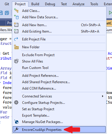 Opening project properties.