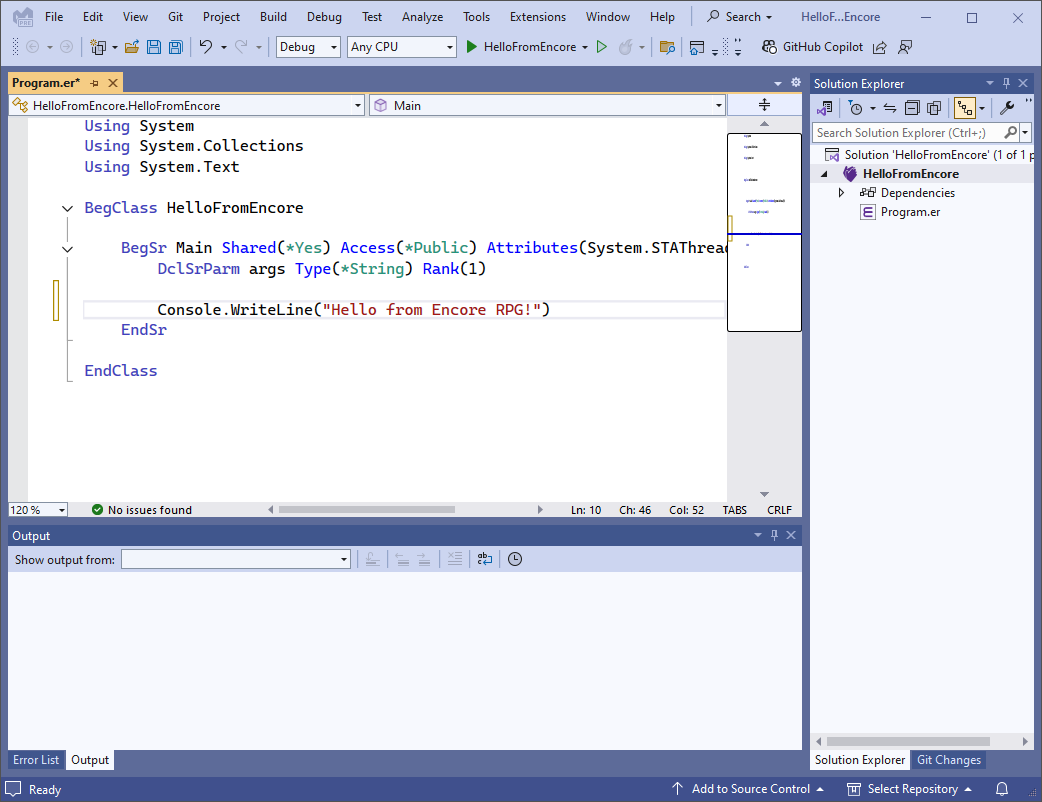 Add the `Console.Write` statement to write a message to "standard output".