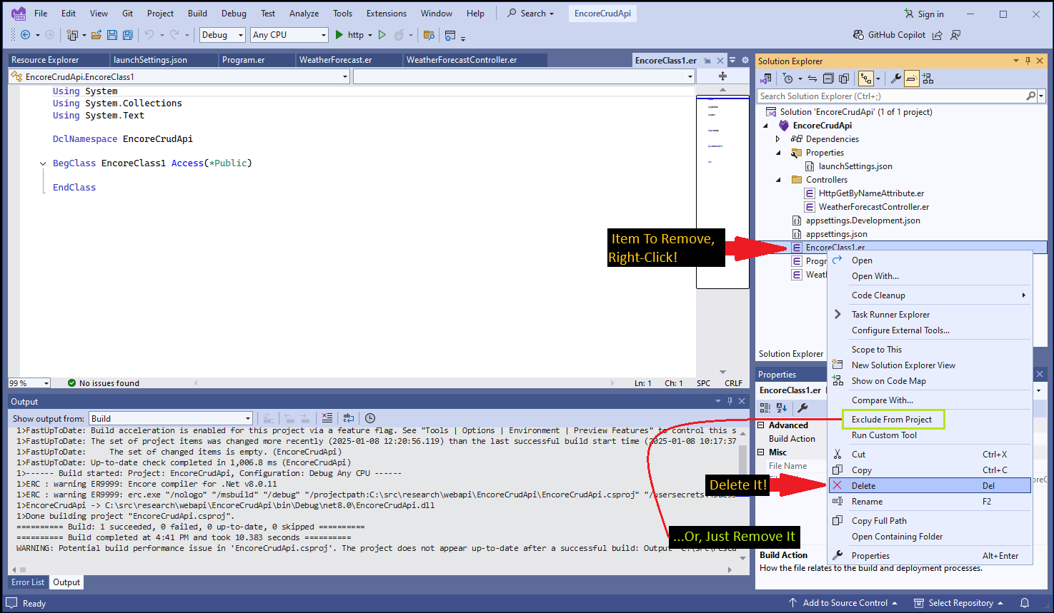 Context menu options for removing a project item.