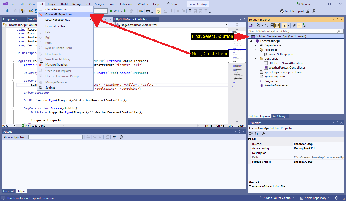 Start the Create a Git Repo wizard in Visual Studio.