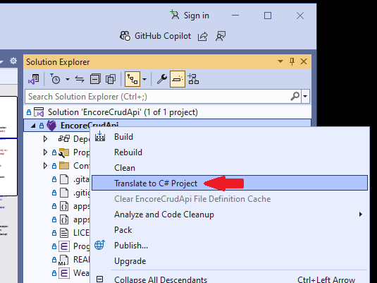 Display the project context menu, and click the command.